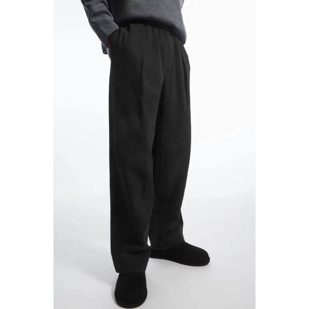 COS Mens Pleated Wide Leg Chambray Trousers Black Elastic Waist XS 12061819